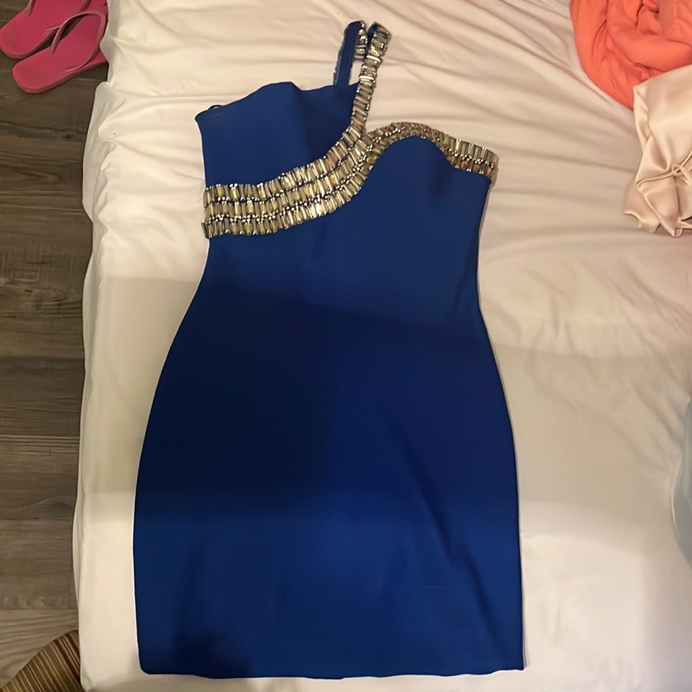 Milano Royal Blue 1 sleeve formal dress